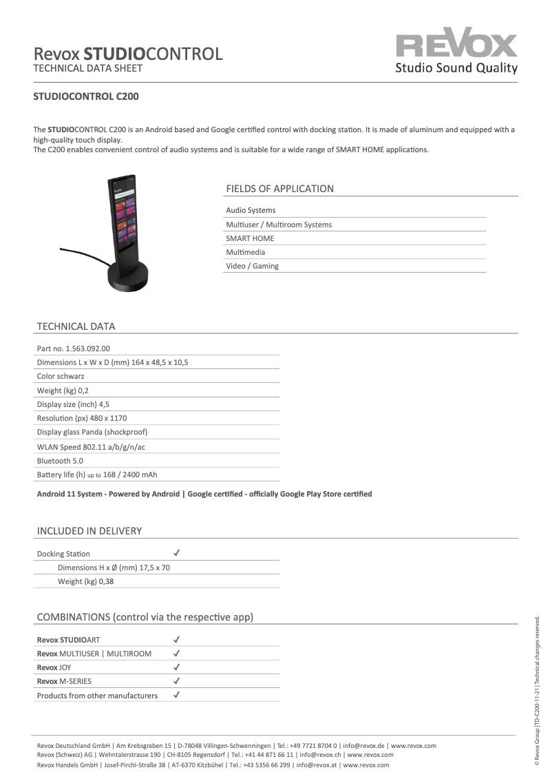 Page 1 of the manual Technical Sheet Revox Studiocontrol C200