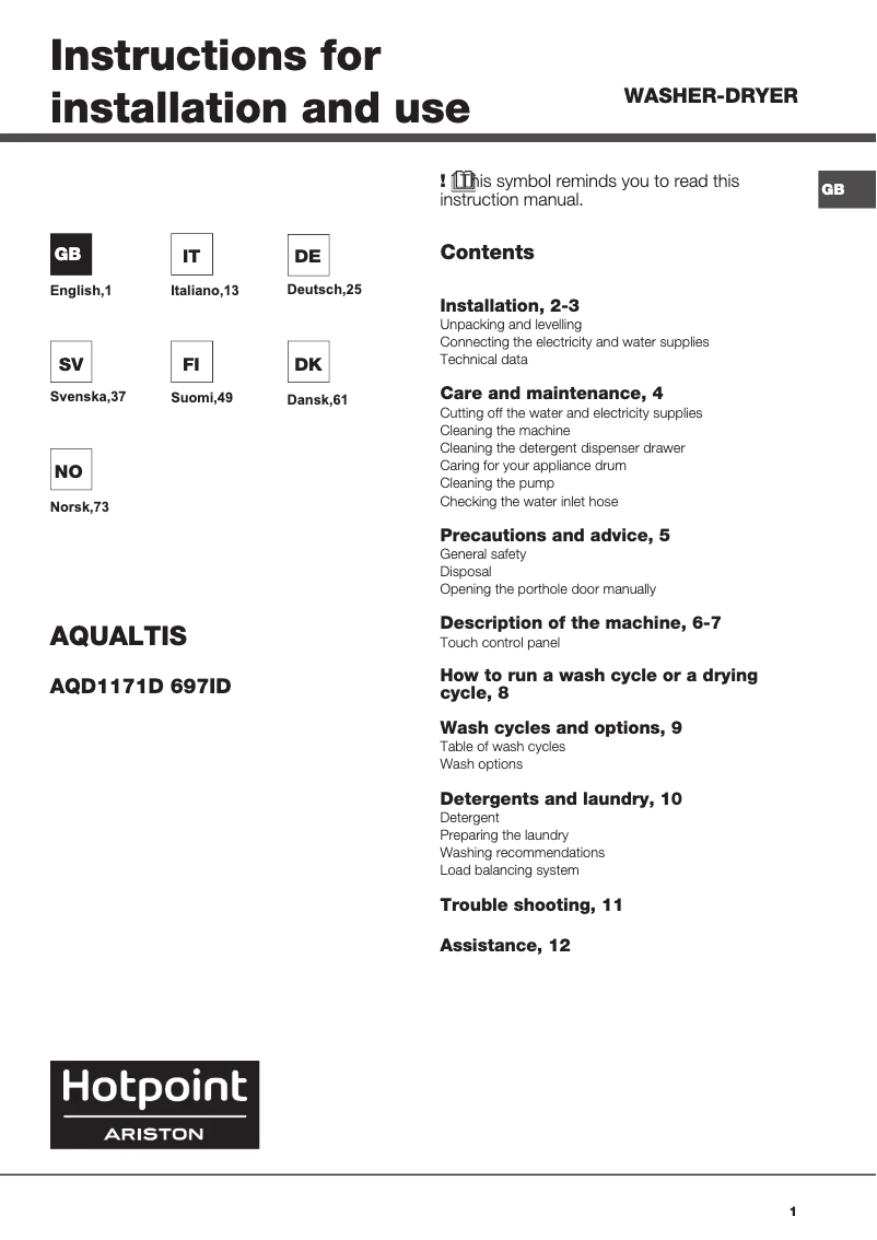 Page 1 of the manual User Manual Hotpoint Ariston AQD1171D 697ID EU/A