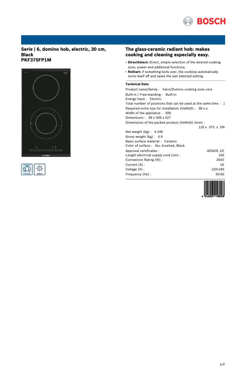 Page 1 of the manual Technical Sheet Bosch PKF375FP1M
