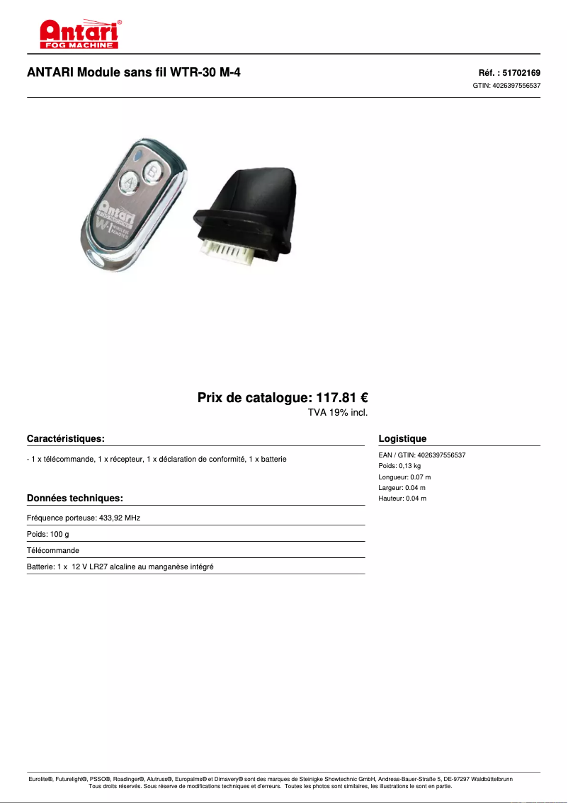 Page 1 of the manual Technical Sheet Antari WTR-30
