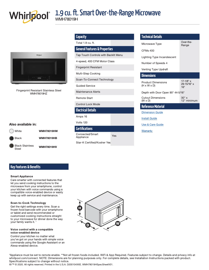 Page 1 of the manual Technical Sheet Whirlpool WMH78019HB