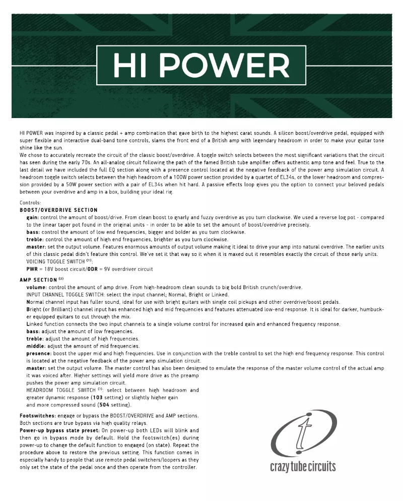 Page 1 of the manual User Manual Crazy Tube Circuits Hi Power