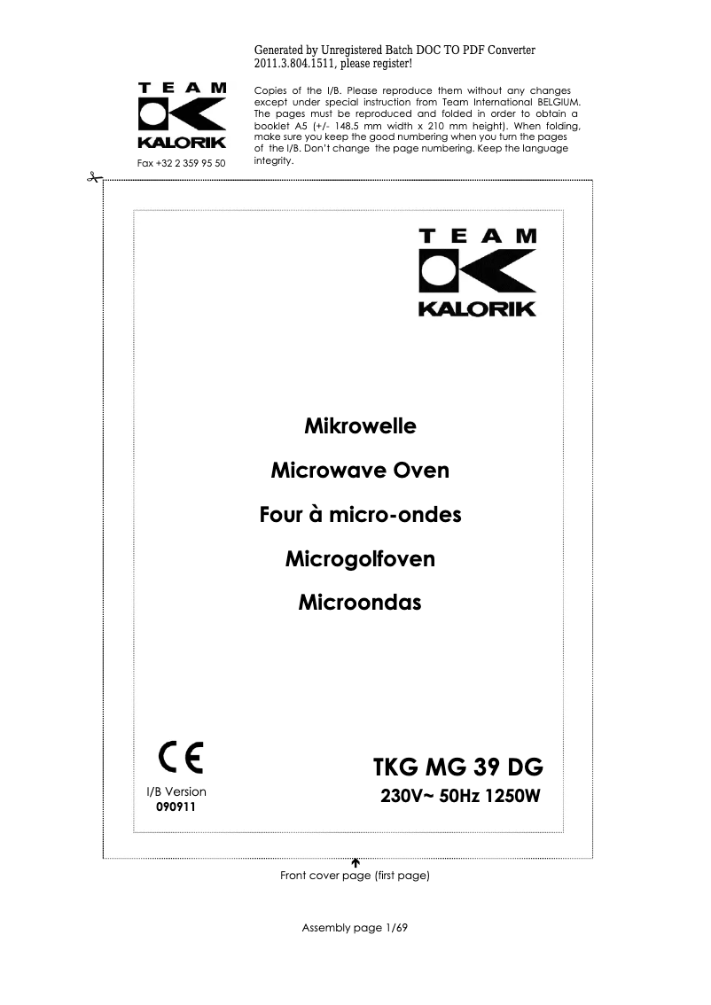 First page image of the manual for TKG MG 39 DG