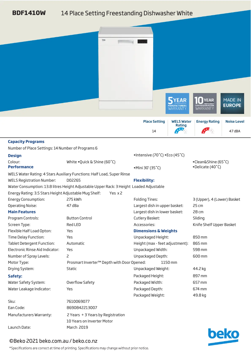 Page 1 of the manual Technical Sheet Beko BDF1410W
