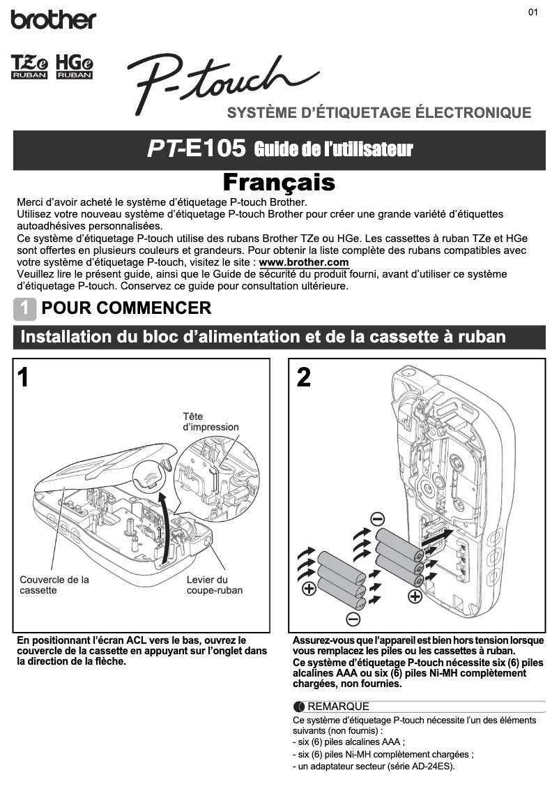 First page image of the manual for P-touch PT-E105