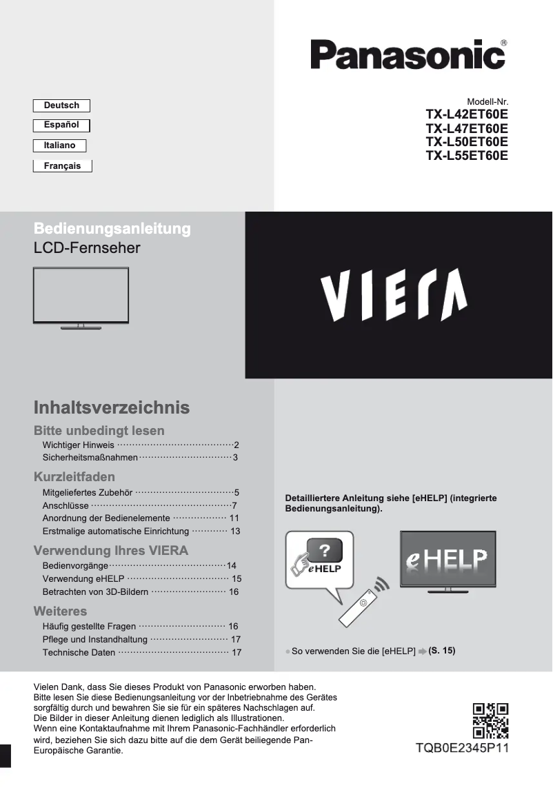 Page 1 of the manual User Manual Panasonic Viera TX-L47ET60E