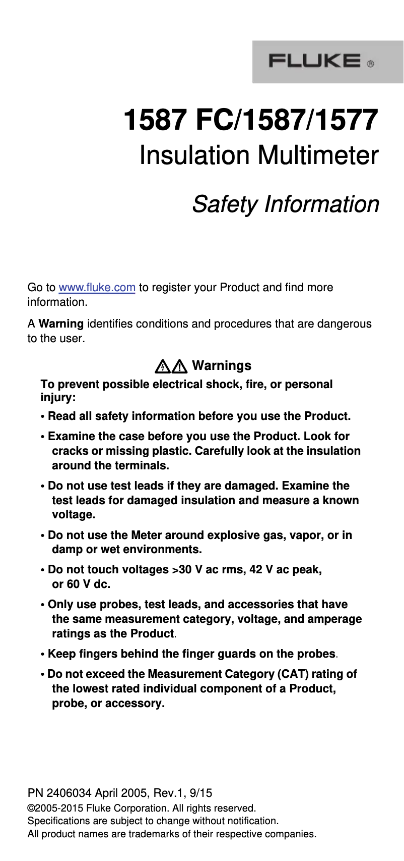 Page 1 of the manual Safety Instructions Fluke 1577