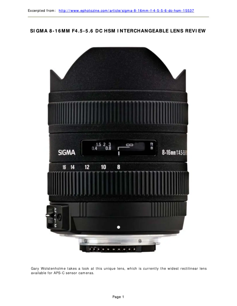 First page image of the manual for 8-16mm f/4.5-5.6 DC HSM Canon