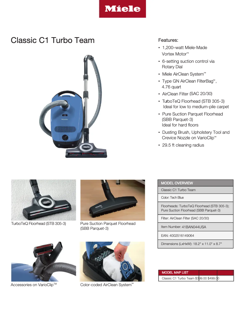 Page 1 of the manual Technical Sheet Miele Classic C1 Turbo Team