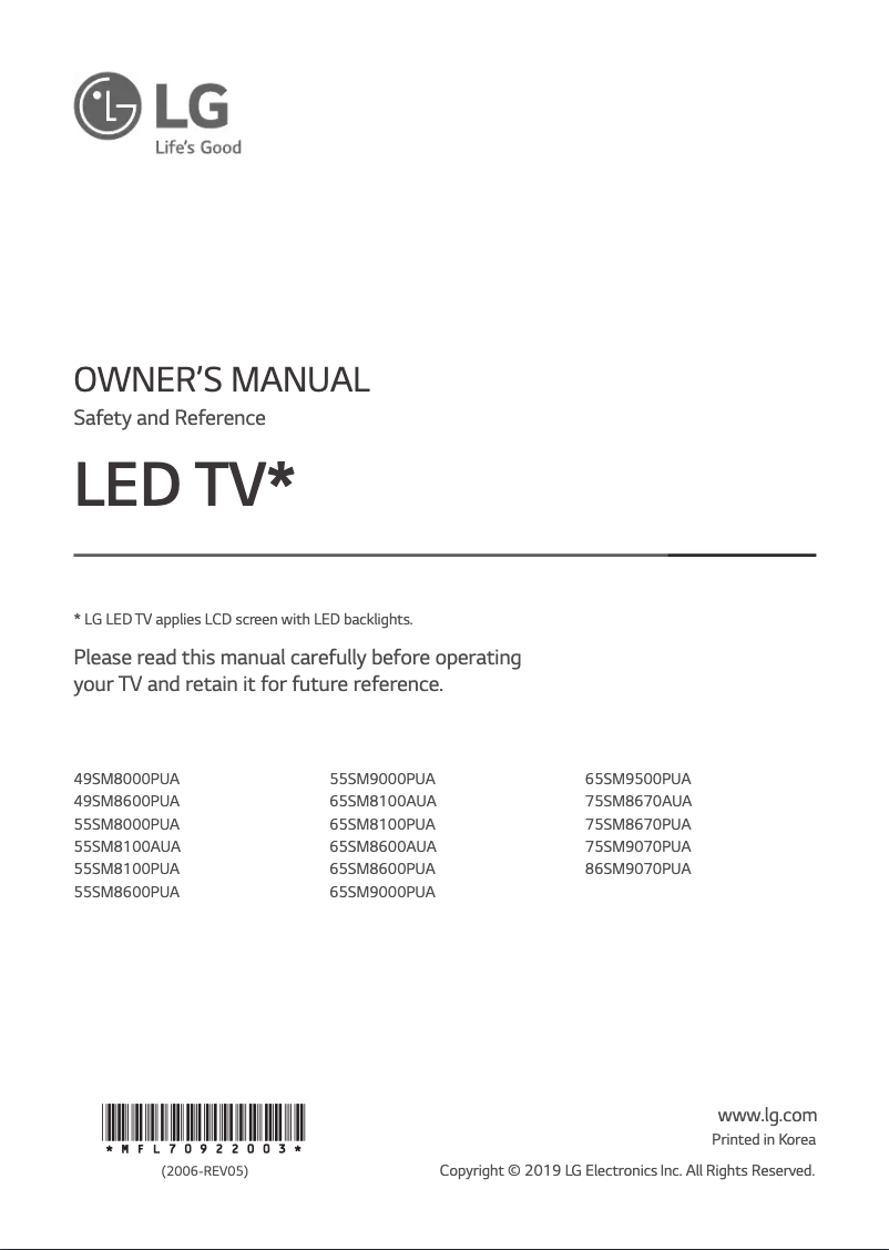 First page image of the manual for NanoCell 75SM8670PUA