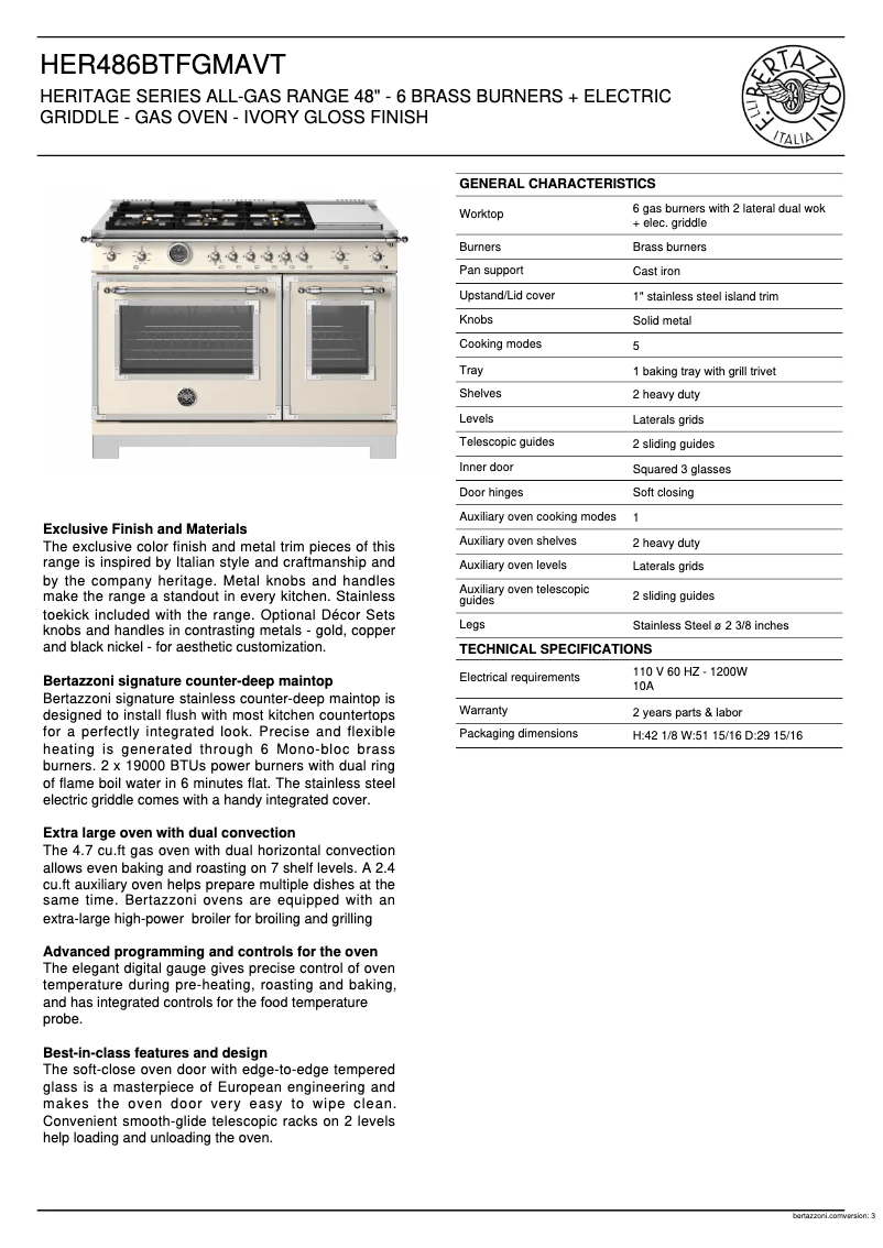 Page 1 of the manual Technical Sheet Bertazzoni HER486BTFGMAVT