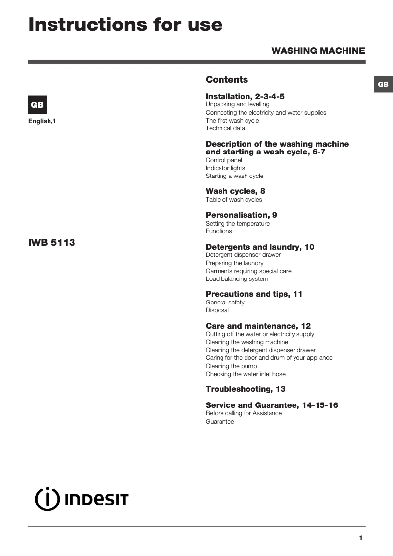 Page 1 of the manual User Manual Indesit IWB 5113 (UK)