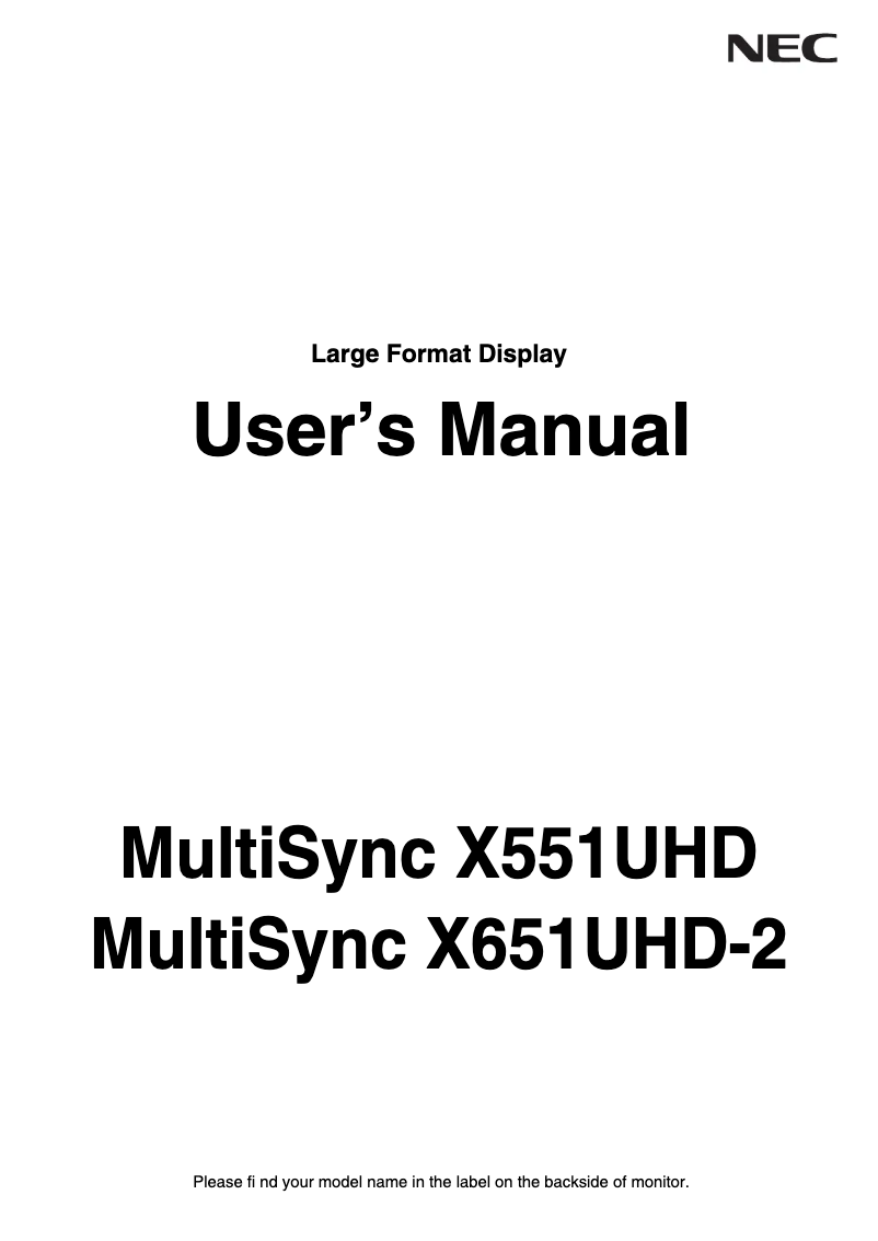 First page image of the manual for MultiSync X551UHD-AVT2