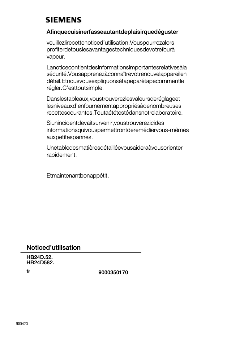Page 1 of the manual User Manual Siemens HB24D652B