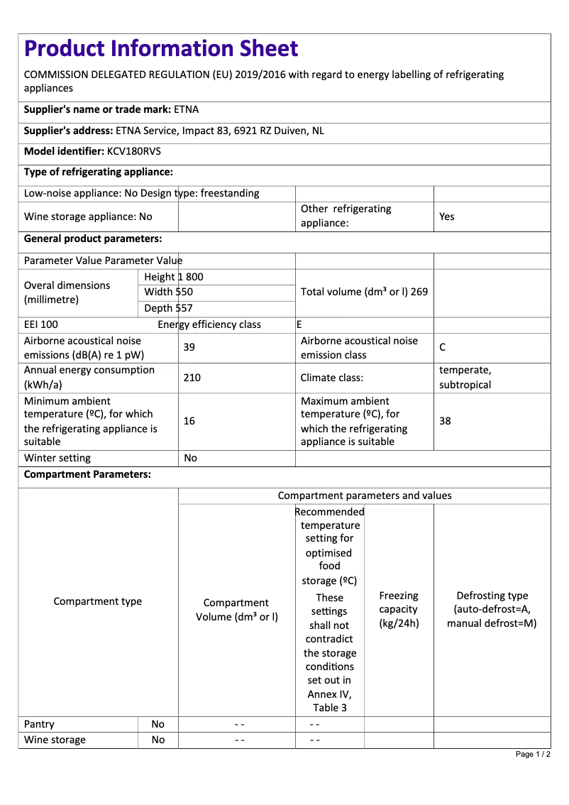 Page 1 of the manual Technical Sheet Etna KCV180RVS