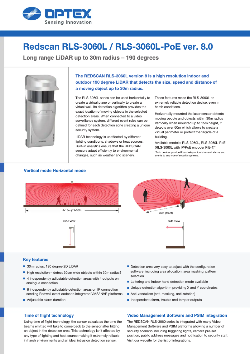 Page 1 of the manual Technical Sheet Optex RLS-3060L