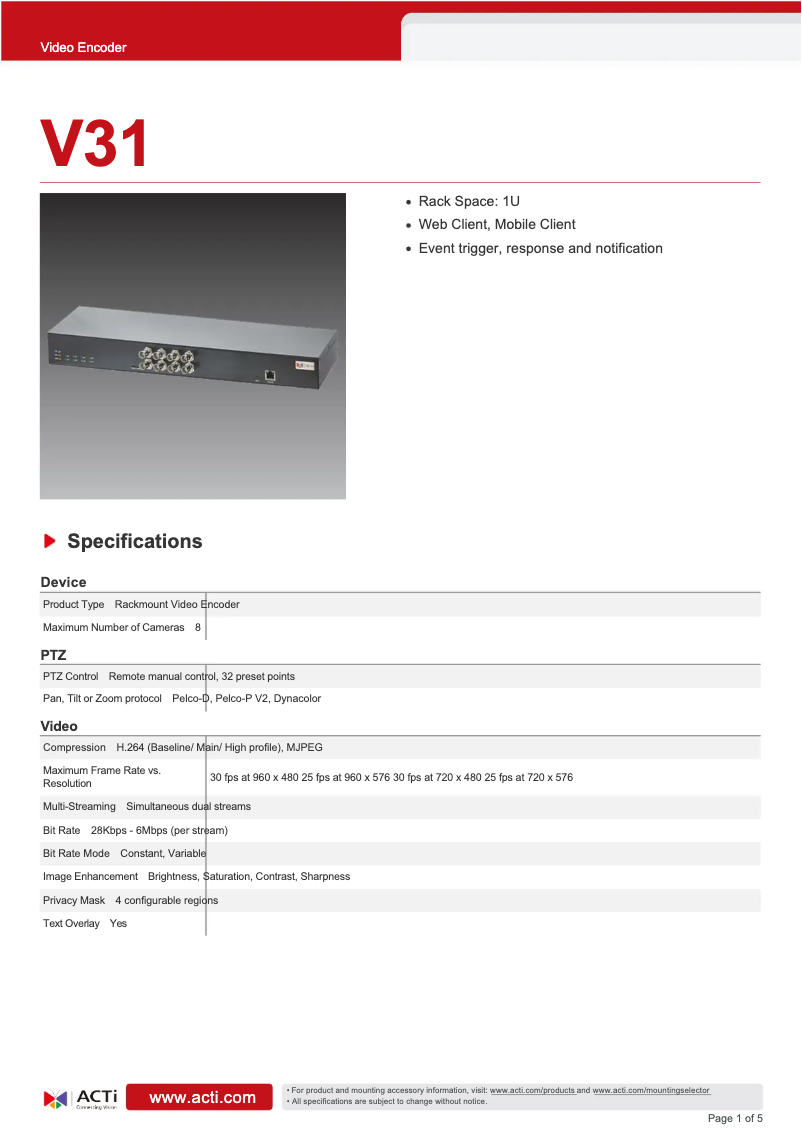 Page 1 of the manual Technical Sheet ACTi V31
