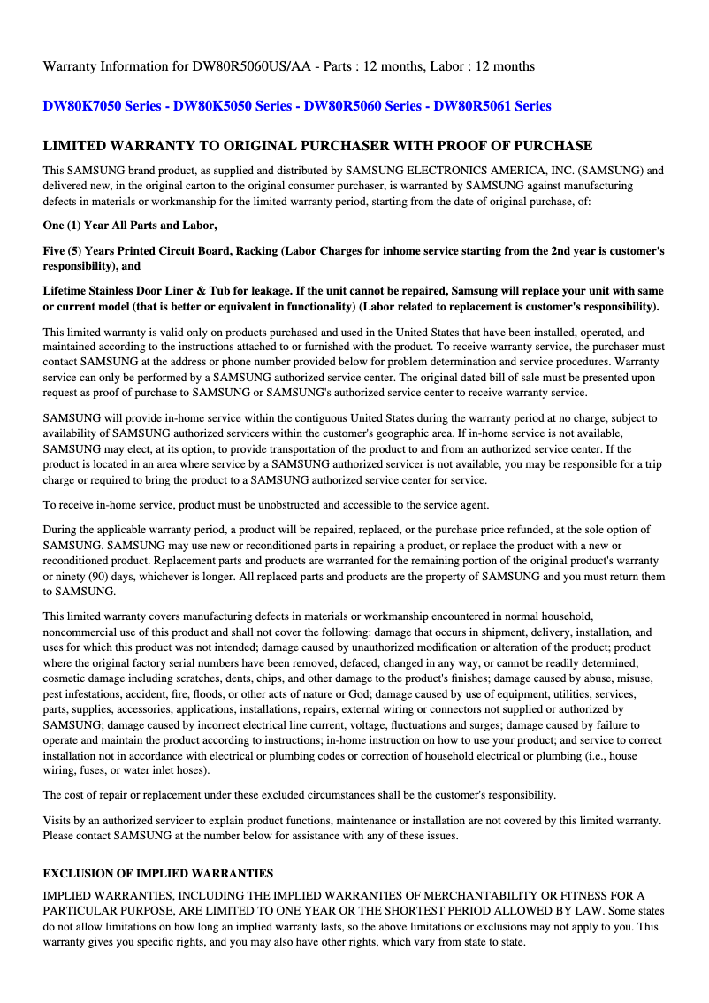 Page 1 of the manual Warranty Information Samsung DW80R7061US