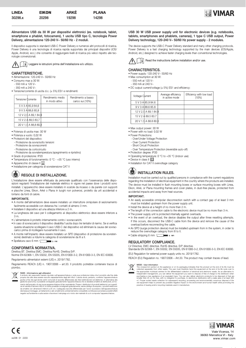 Page 1 of the manual User Manual Vimar 30298.C