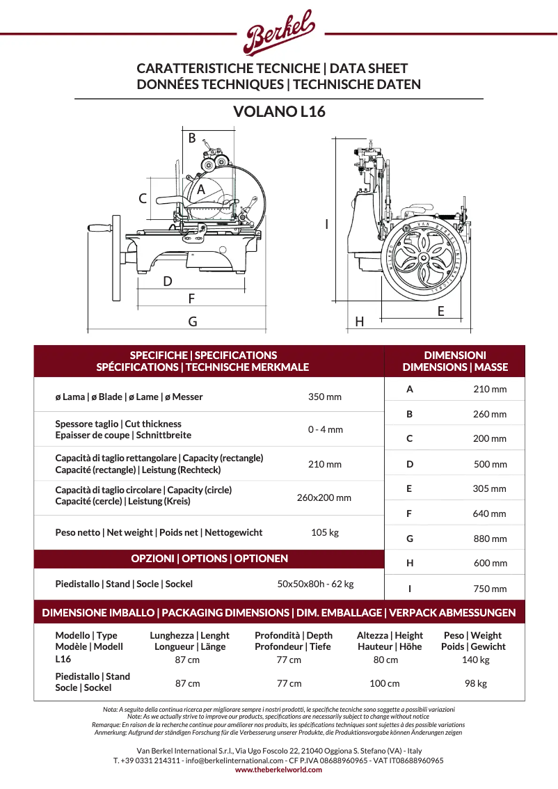 Page 1 of the manual Technical Sheet Berkel Volano L16