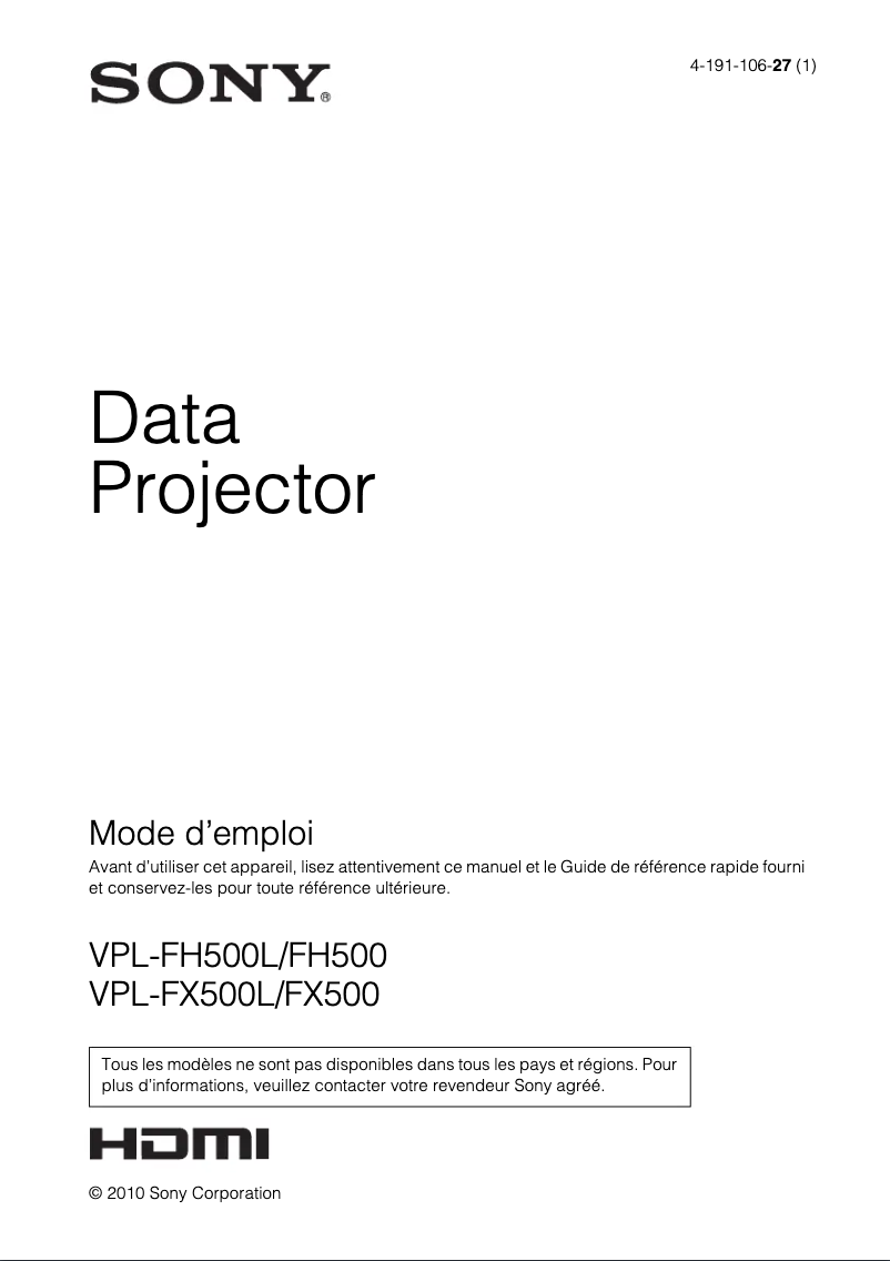 First page image of the manual for VPL-FH500L