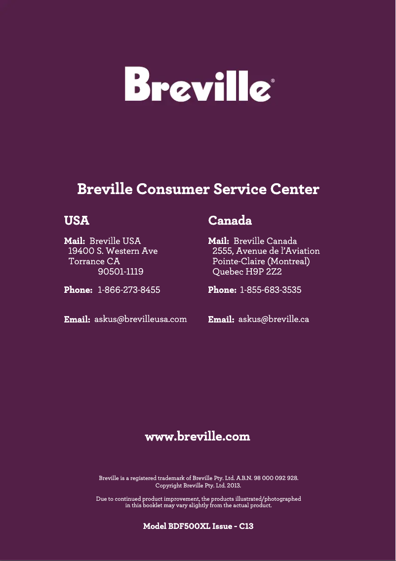 Page 1 of the manual User Manual Breville The Smart Fryer BDF500