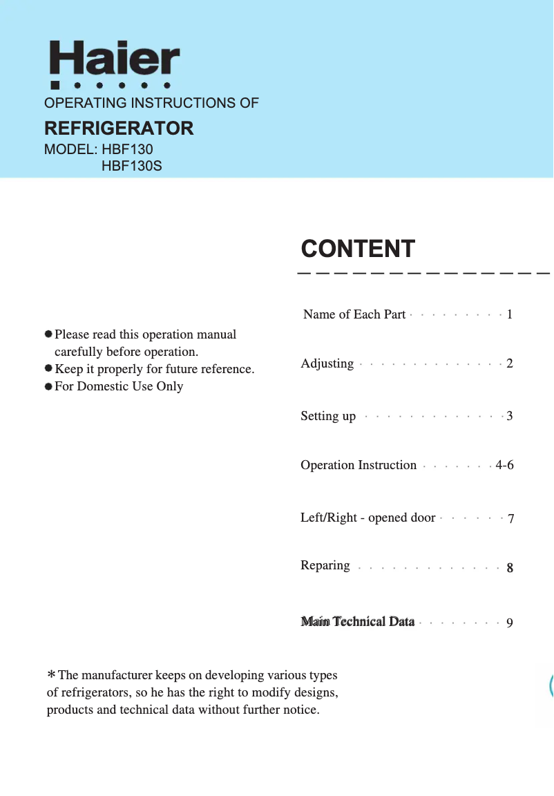 Page 1 of the manual User Manual Haier HBF130
