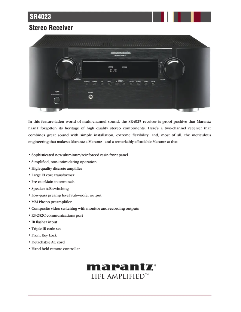Page 1 of the manual Technical Sheet Marantz SR4023