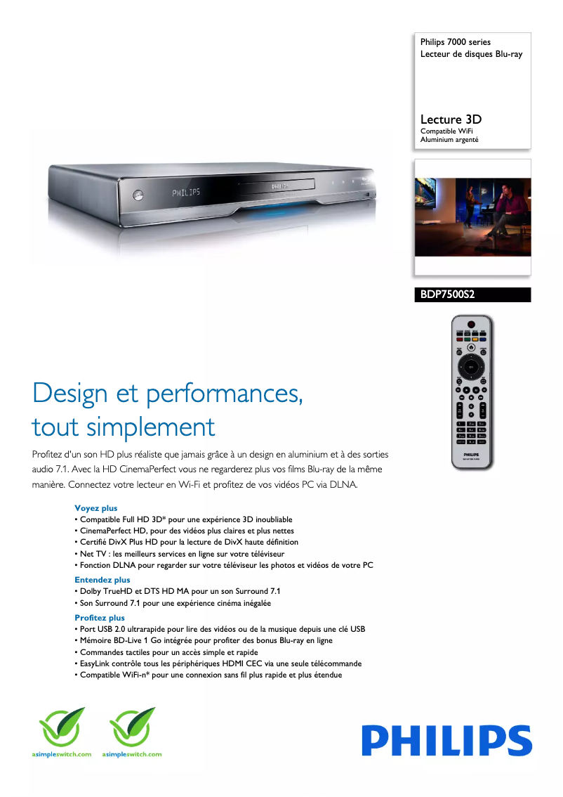 Page 1 of the manual Technical Sheet Philips 7000 series BDP7500S2
