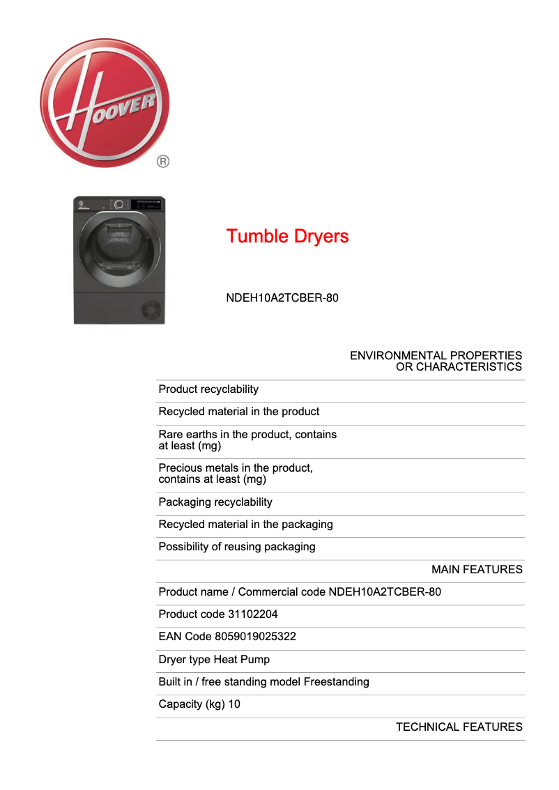 First page image of the manual for H-DRY 500 NDEH10A2TCBER-80