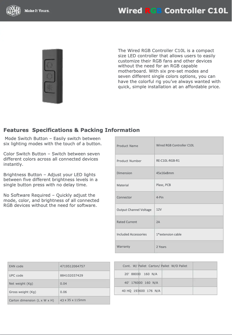 Page 1 of the manual User Manual Cooler Master Wired RGB Controller C10L