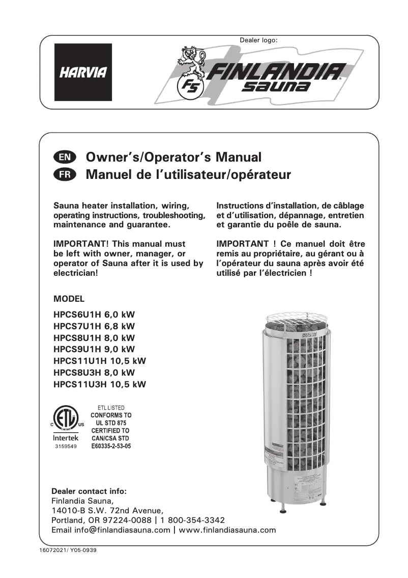 Page 1 of the manual User Manual Harvia Cilindro PC60E HPCS6U1H