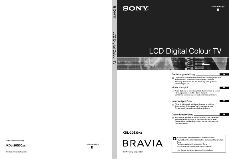 First page image of the manual for Bravia KDL-20S3050