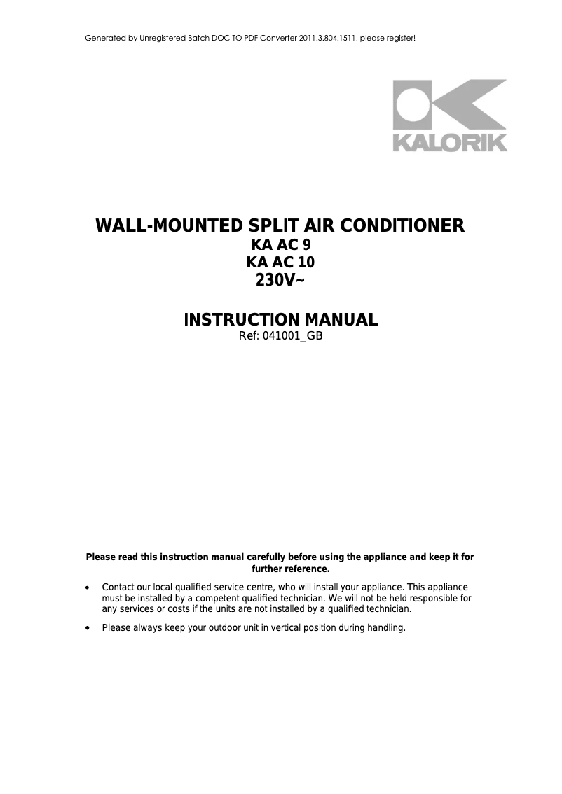 First page image of the manual for KA AC 10