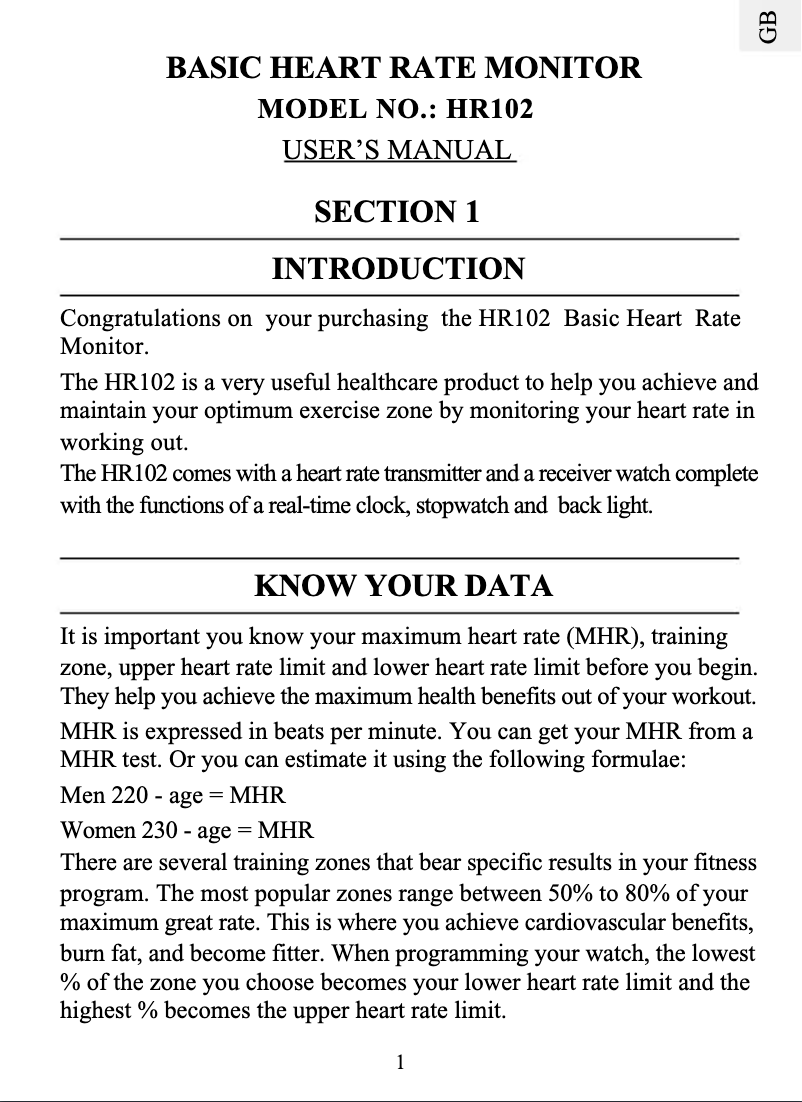 Page 1 of the manual User Manual Oregon Scientific HR-102