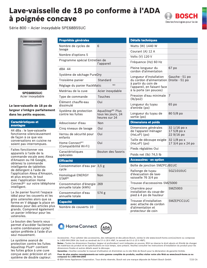 Page 1 of the manual Technical Sheet Bosch SPE68B55UC