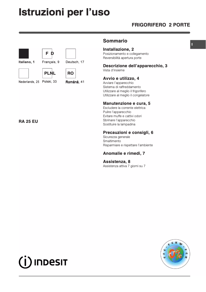 Page 1 of the manual User Manual Indesit RA 25