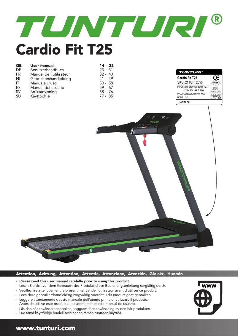 Page 1 of the manual User Manual Tunturi Cardio Fit T25