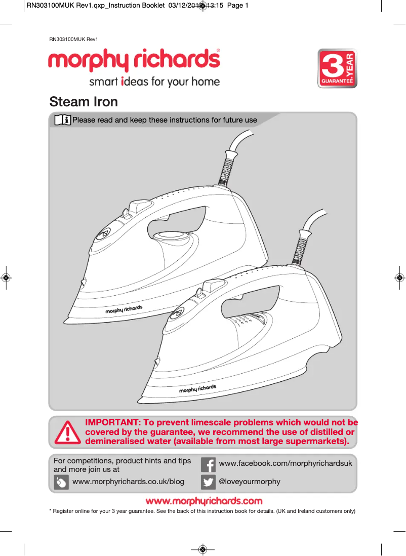 Page 1 de la notice Manuel utilisateur Morphy Richards TurboSteam 303100