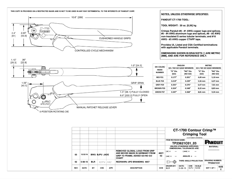 Page 1 of the manual Technical Drawing Panduit CT-1700