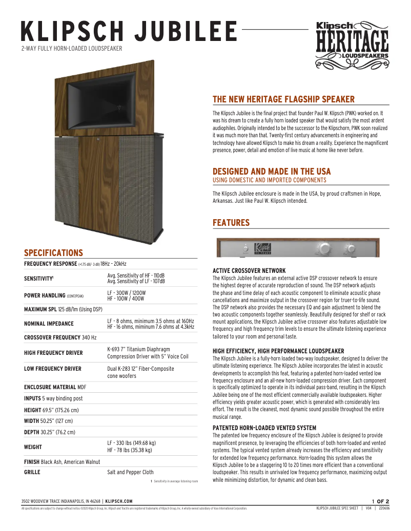 Page 1 of the manual Technical Sheet Klipsch Jubilee