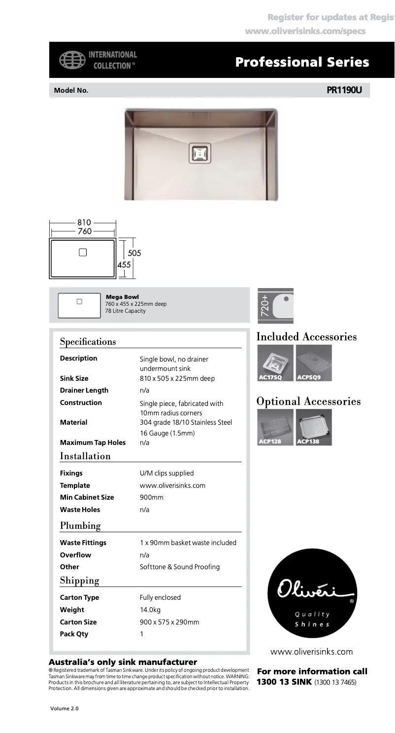 Page 1 of the manual Technical Sheet Oliveri PR1190U