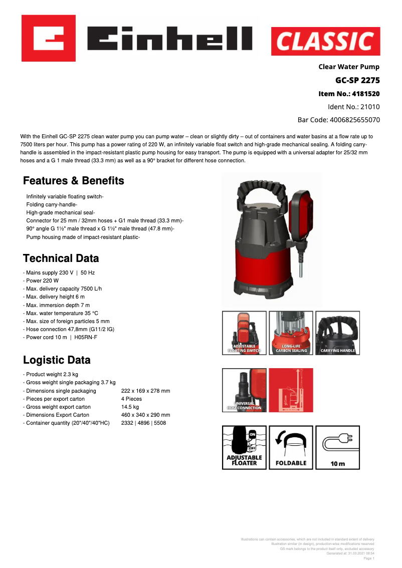 Page 1 of the manual Technical Sheet Einhell GC-SP 2275