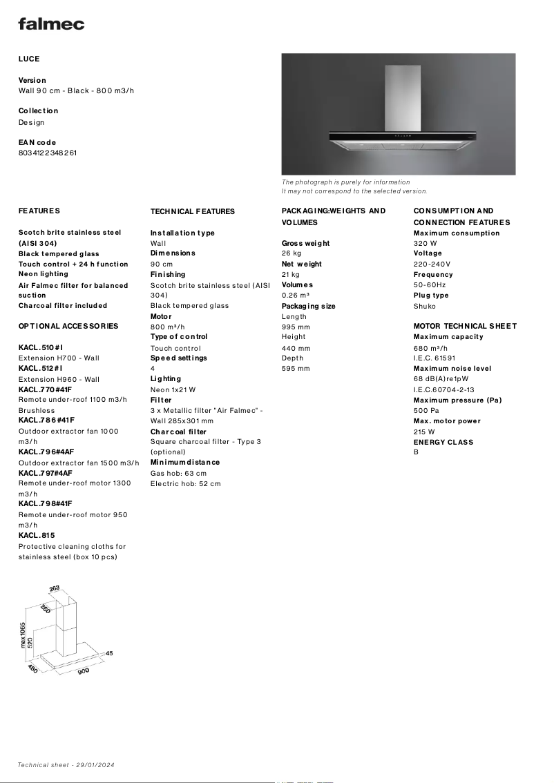 Page 1 of the manual Technical Sheet Falmec Luce
