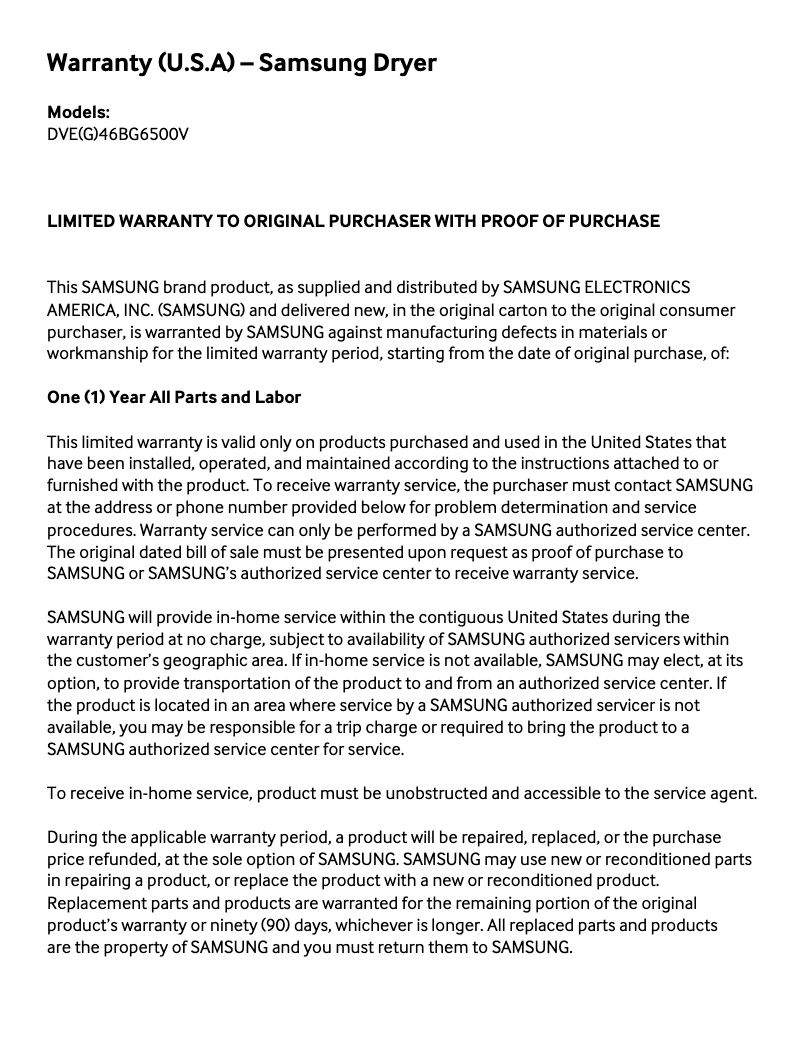 Page 1 of the manual Warranty Information Samsung DVE46BG6500V