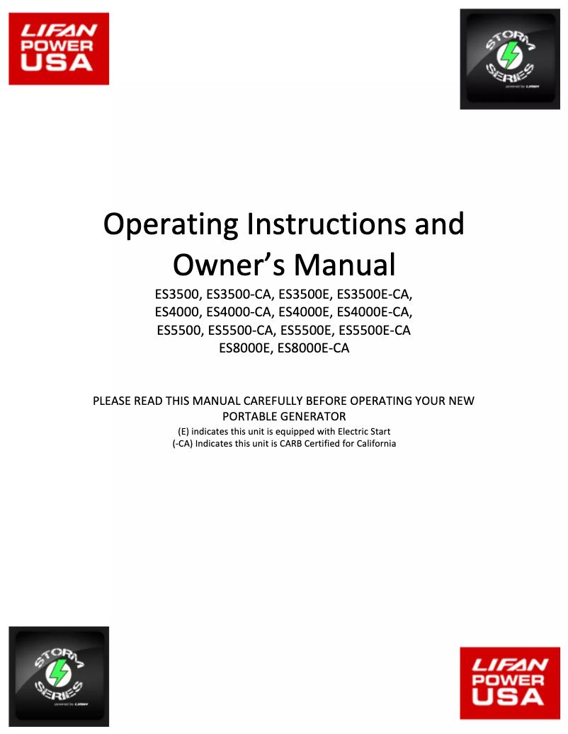 Page 1 of the manual User Manual Lifan Storm 3500E