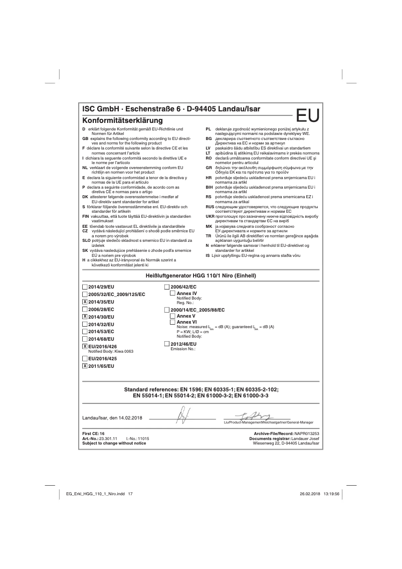 First page image of the manual for HGG 110/1 Niro