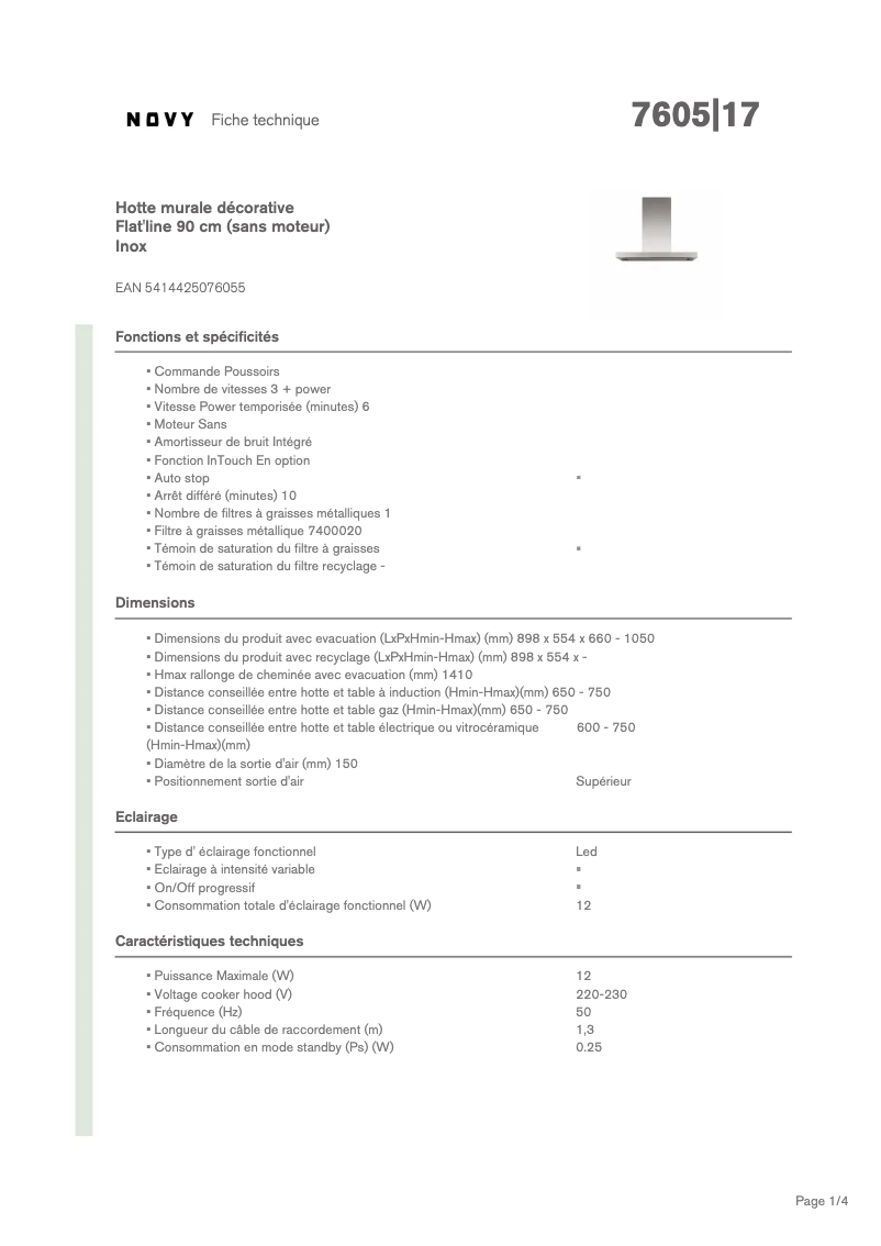 Page 1 of the manual Technical Sheet Novy Flat'line 7605