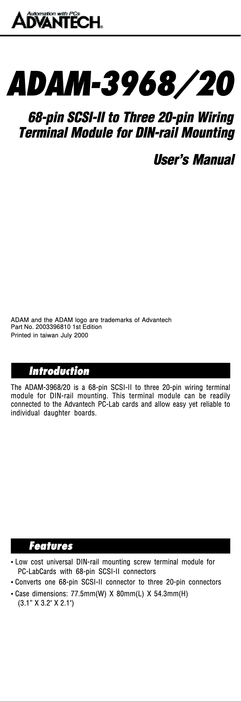 First page image of the manual for ADAM-3968