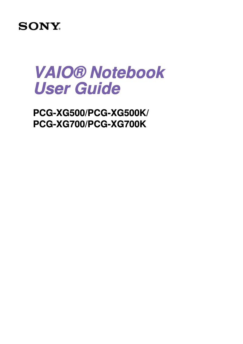 First page image of the manual for Vaio PCG-XG700